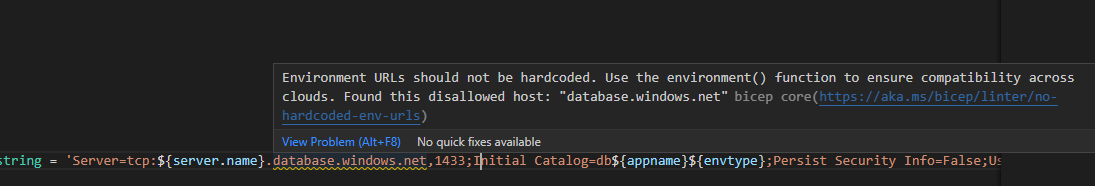 Bicep VS Code warning when hardcoding environment url.